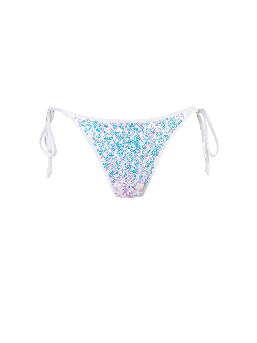 Axami white sequined bikini bottom with adjustable side ties and a ruched back