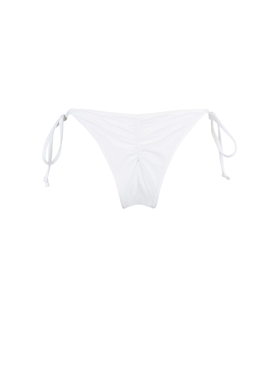 Axami white sequined bikini bottom with adjustable side ties and a ruched back