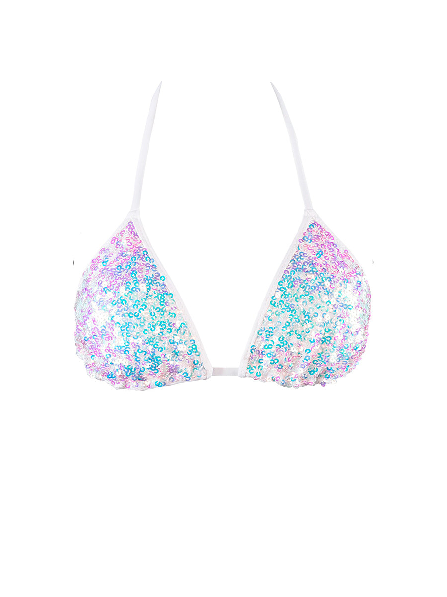 Axami white sequined sliding triangle bikini top designed to catch sunlight
