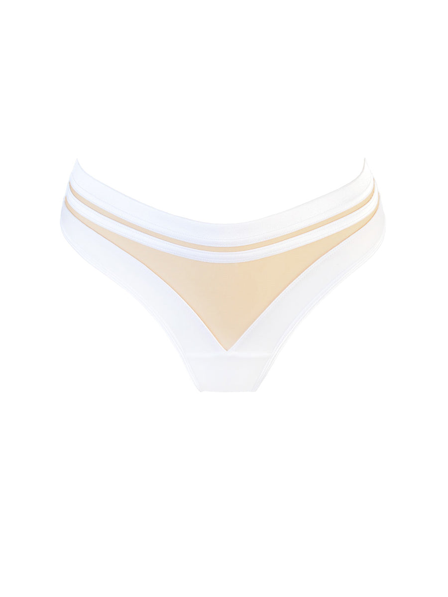 Axami white brasiliana thong panty with sheer tulle back and flat-lock seams