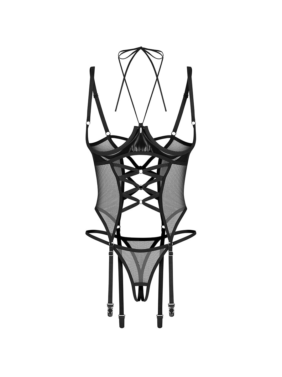 Dominna Cupless Corset with Halter-Style Tie & Crotchless Thong