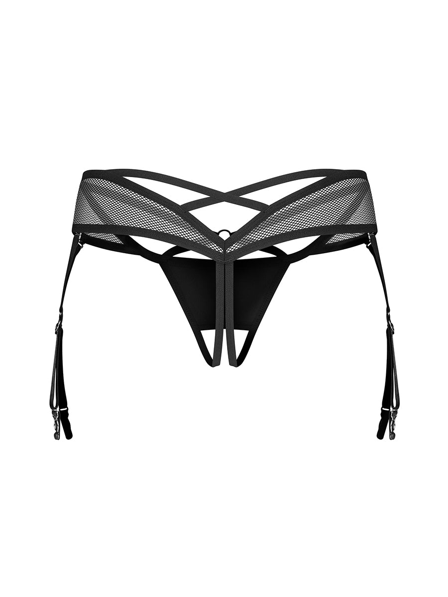 Dominna Crotchless Thong with Garter Straps - Black