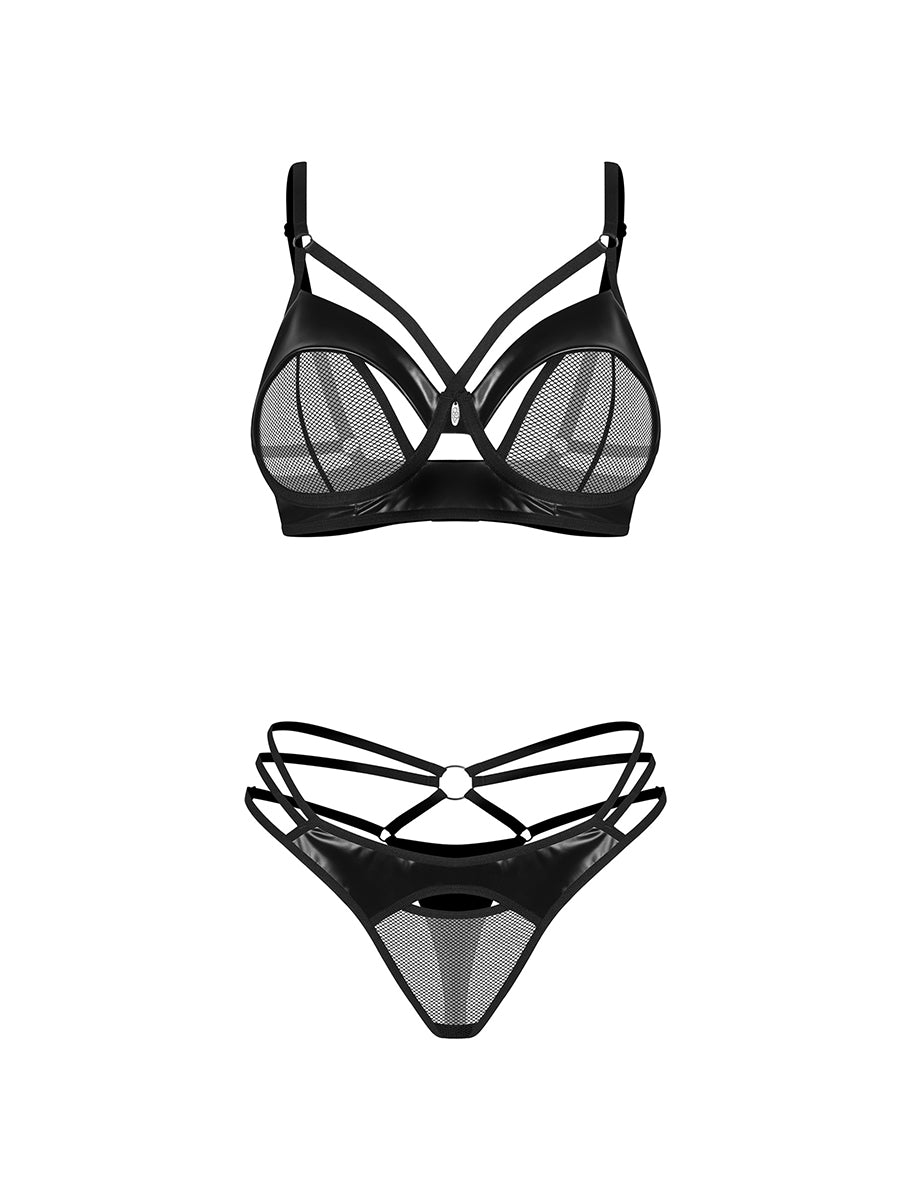 Dominna Lingerie Set with Decorative Straps: Bra & Thong - Black