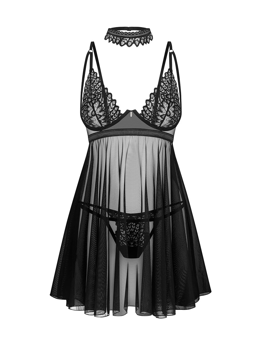 Donarella Babydoll Choker & Thong - Black