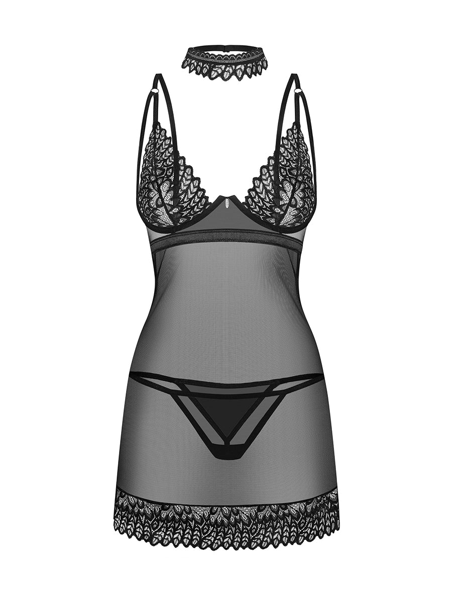 Donarella See-through Chemise Thong & Choker - Black