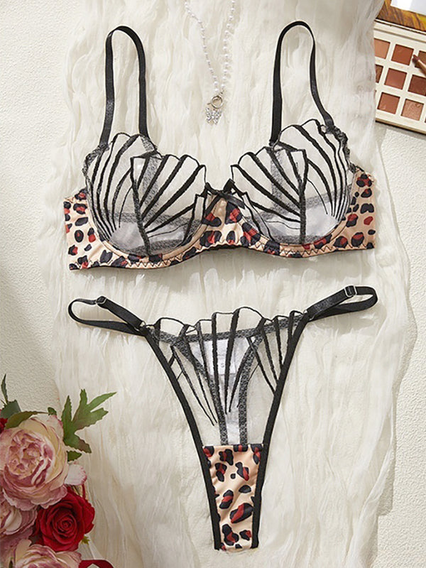 Embroidered Mesh Leopard Detailing Lingerie Set