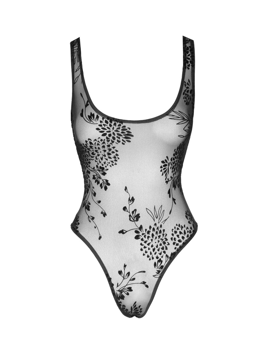 Tulle Bodysuit with Patterned Flock Embroidery