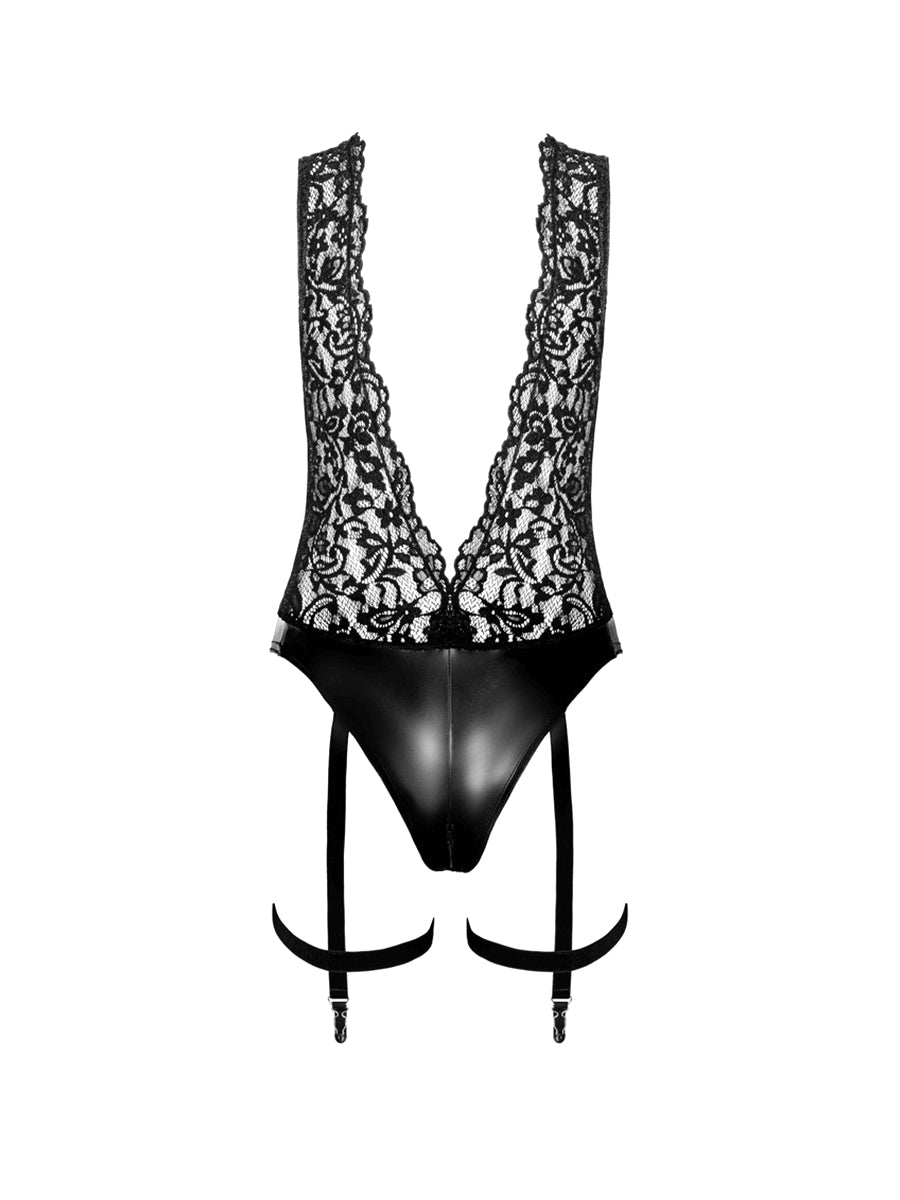 Libido Deep-V Bodysuit with Collar, Pearl Chain and Garter