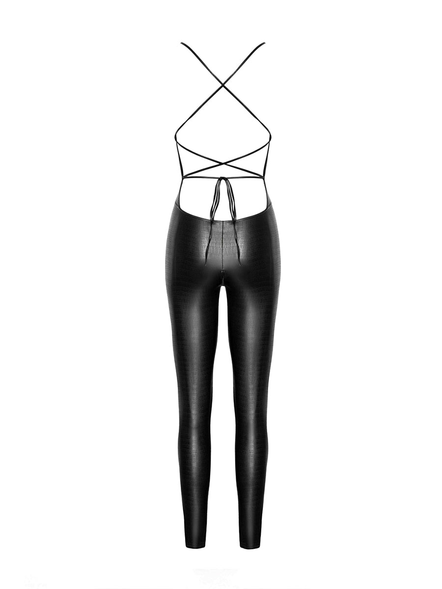 Wild Crocodile Printed Wetlook Catsuit with Lace Up Back