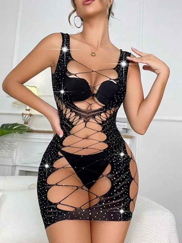 Minikleid mit gekreuzten Trägern und Fischnetz-Vorderseite