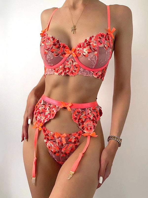 Floral Embroidery Underwire Garter Lingerie Set