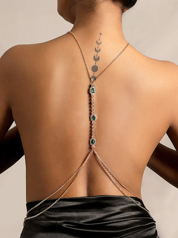 Green Rhinestone Back Chain Plated Necklace