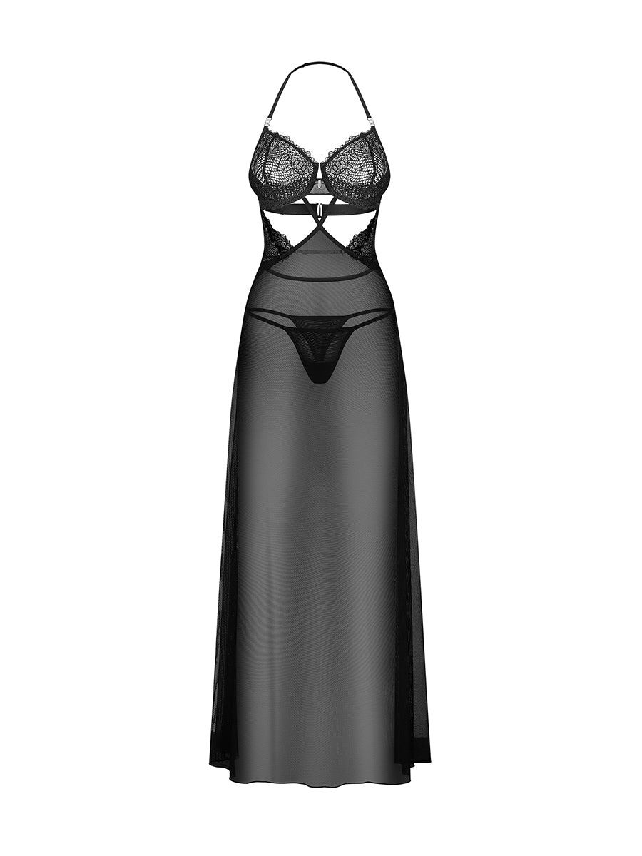 Iliosa Long Chemise & Thong - Black