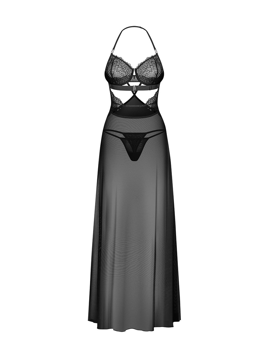 Iliosa Long Chemise & Thong - Black