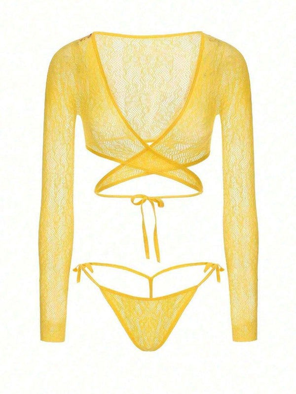 Lace Wrap Around Long Sleeve Crop Top Set