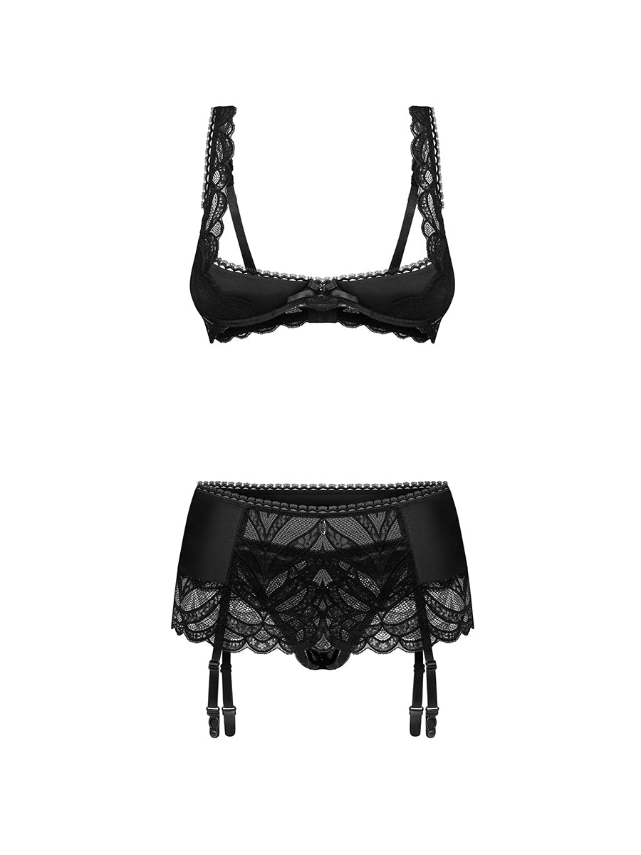Lecille Black Lingerie Set: Half-bra, Crotchless Thong, Garter Belt