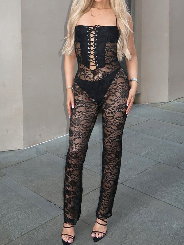 Long Lace Up Allure Sheer Halterneck Jumpsuit