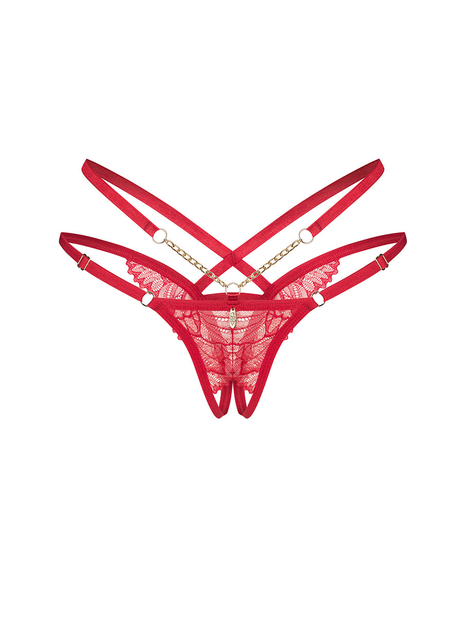 Matildea Red Crotchless Thong with Gold Chains