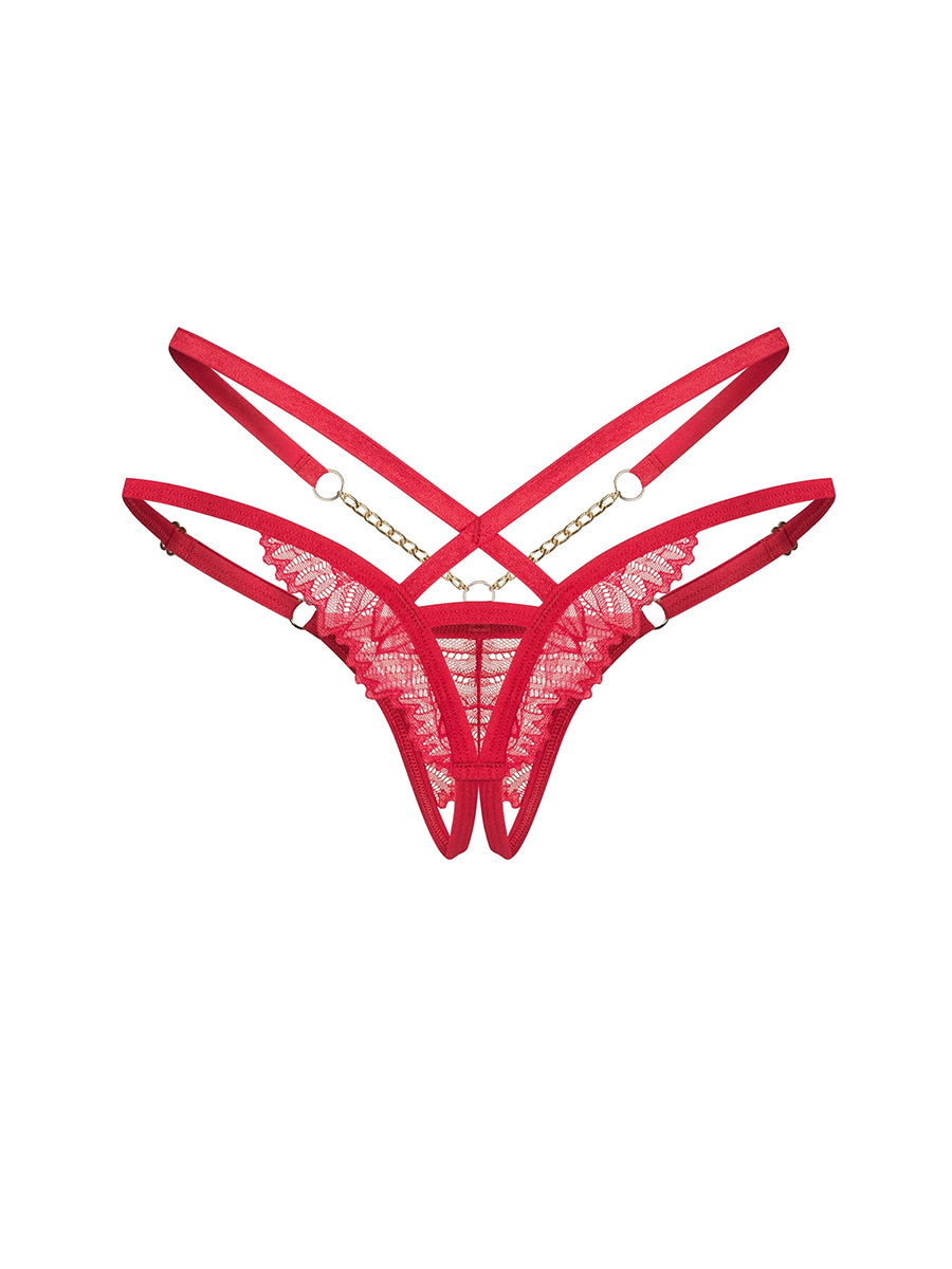 Matildea Red Crotchless Thong with Gold Chains