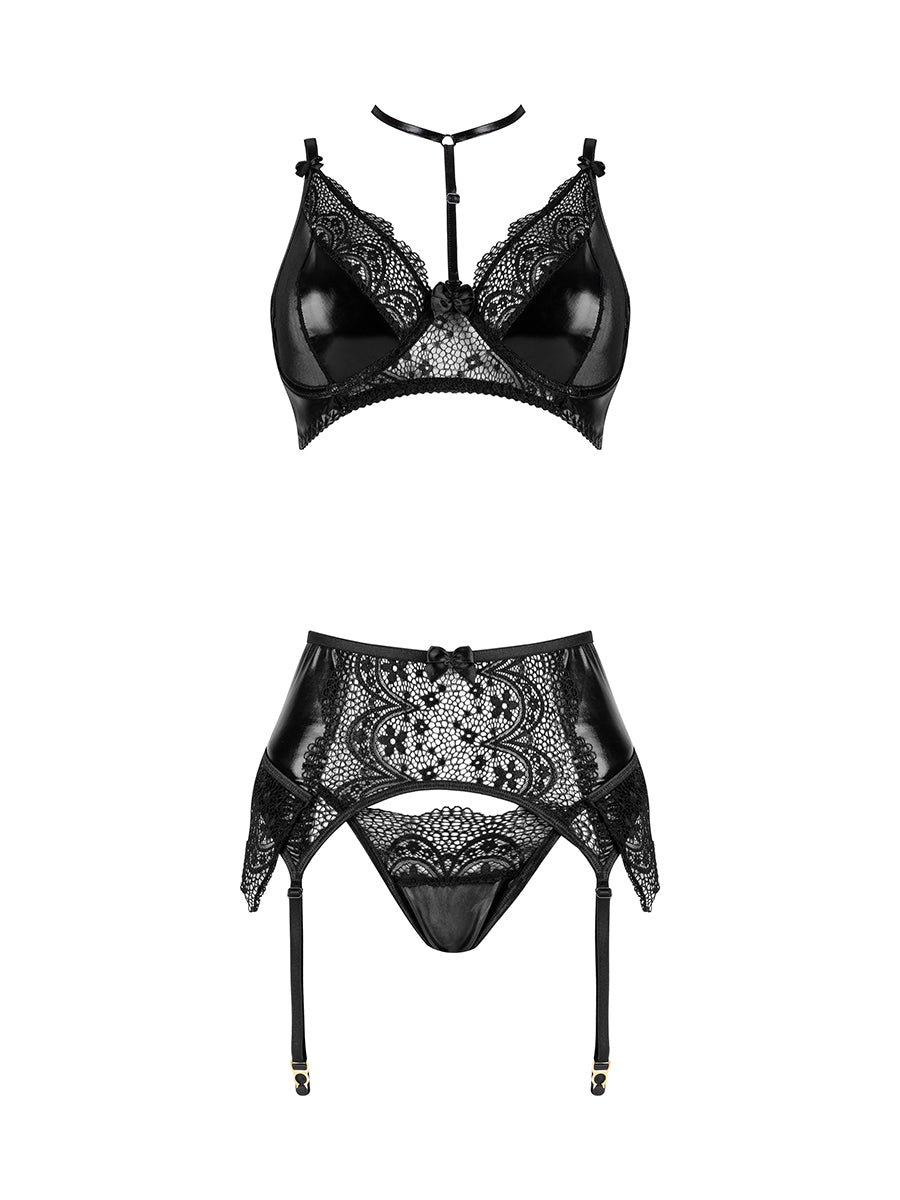 Noir Fantasy Wetlook and Lace Lingerie Set