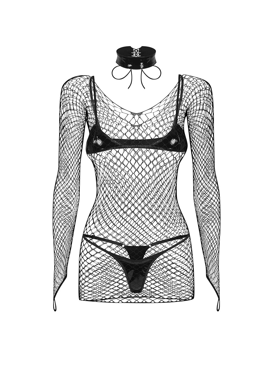 Obsessive Sashalla 4-piece layered boudoir set featuring a sheer dress, unlined soft bra, string thong, and structural choker