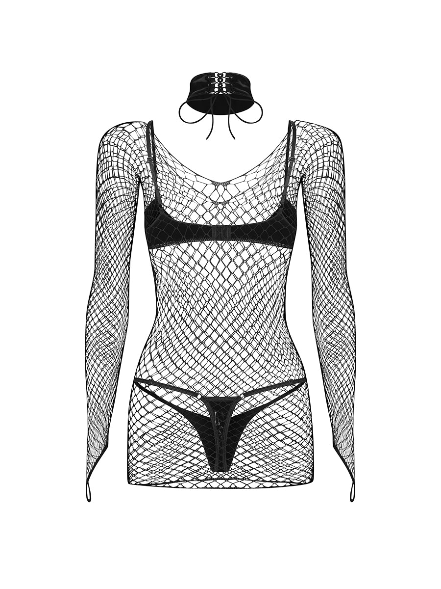 Obsessive Sashalla 4-piece layered boudoir set featuring a sheer dress, unlined soft bra, string thong, and structural choker