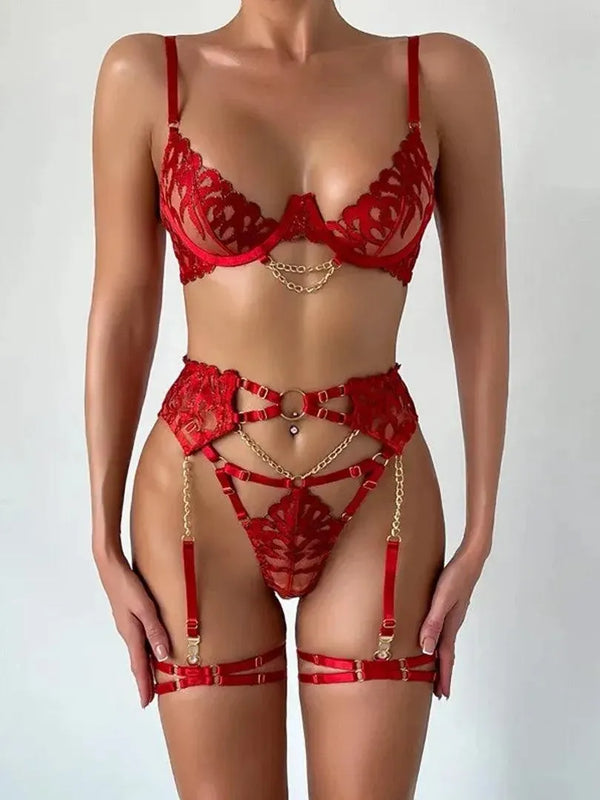 Rotes BH-Set aus Spitze und Ketten-Patchwork (4-teilig)