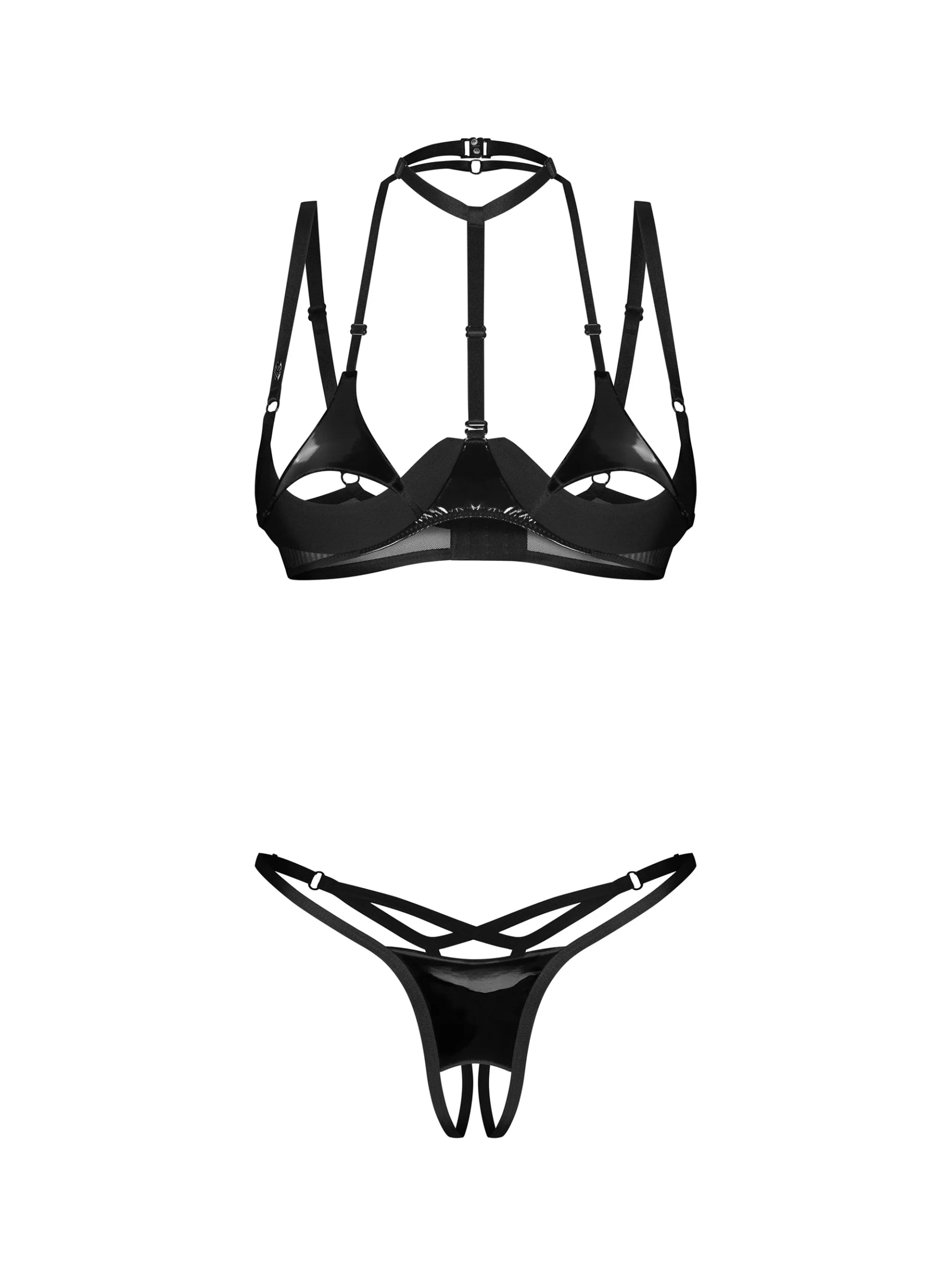 Obsessive Rolleya 2-piece open lingerie set featuring glossy latex-look trims, padded cupless bra, ouvert thong, and matching choker.