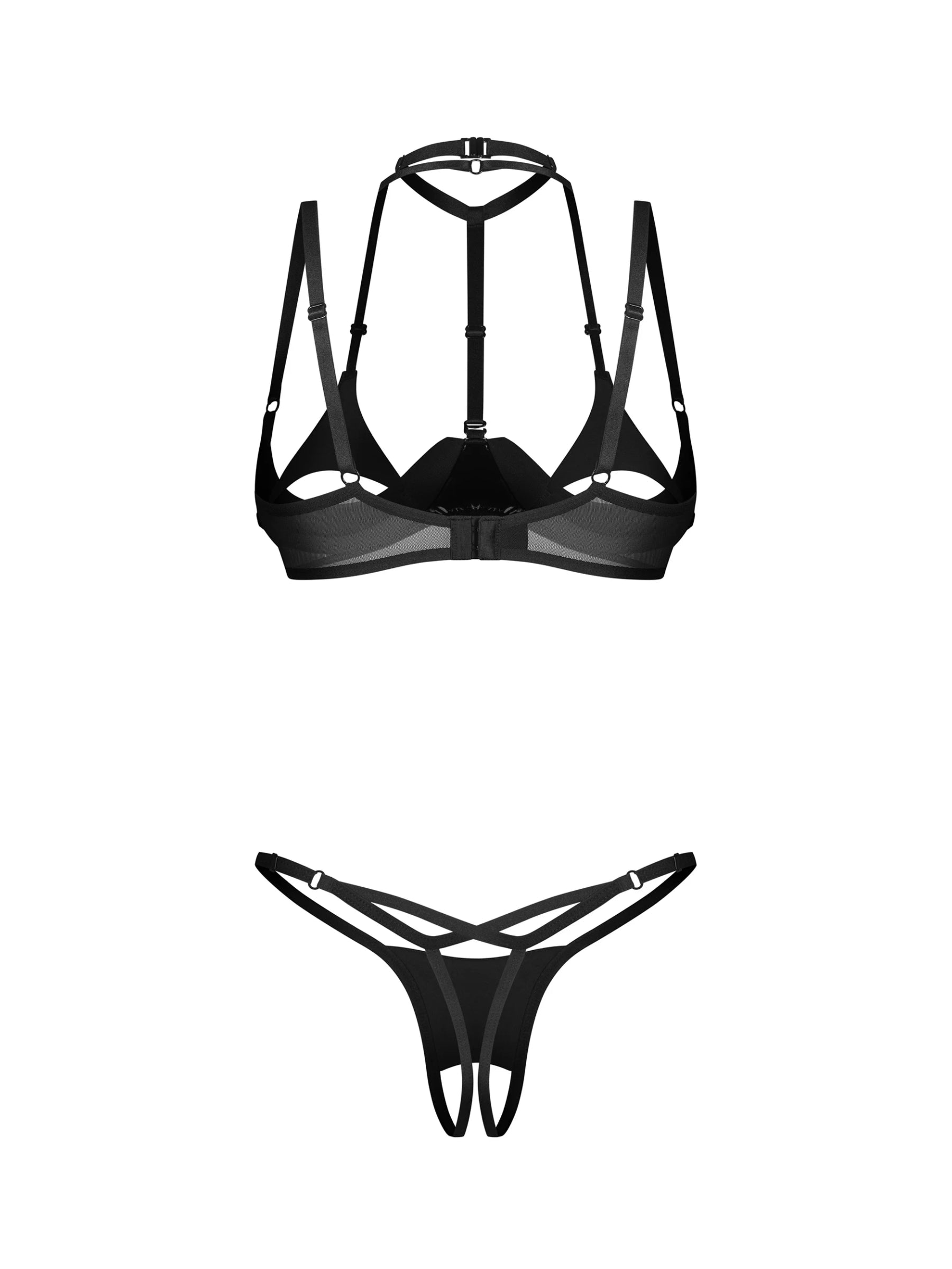 Obsessive Rolleya 2-piece open lingerie set featuring glossy latex-look trims, padded cupless bra, ouvert thong, and matching choker.