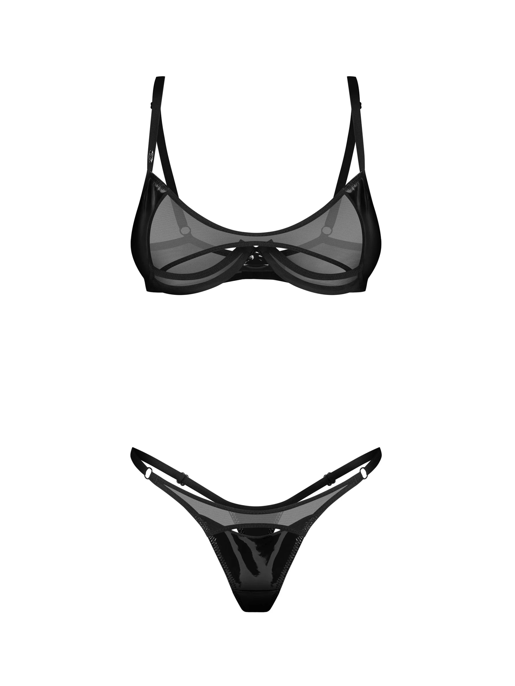 Obsessive Rolleya 2-piece black lingerie set combining sheer mesh, latex-look panels, and architectural cutouts.