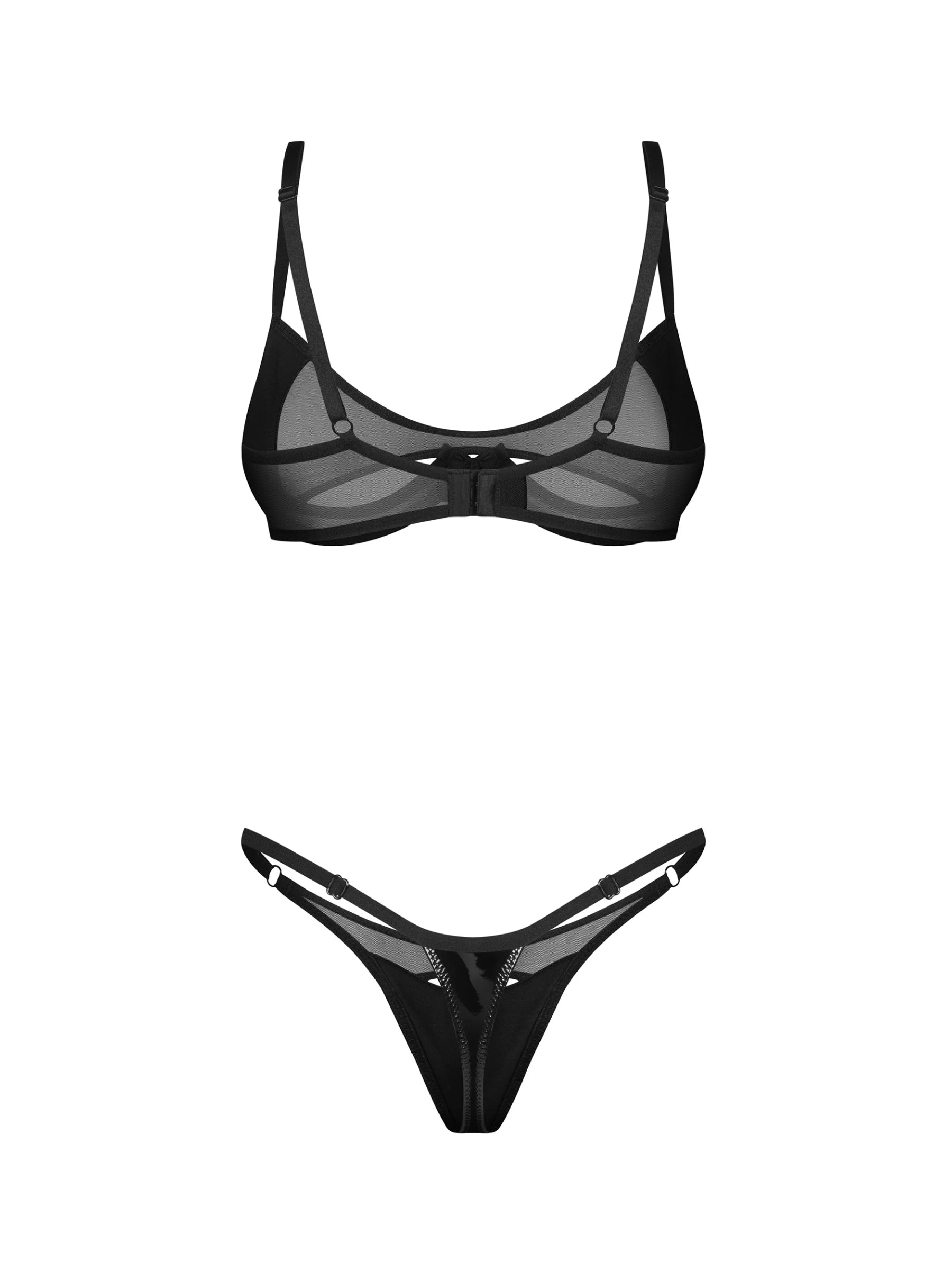 Obsessive Rolleya 2-piece black lingerie set combining sheer mesh, latex-look panels, and architectural cutouts.