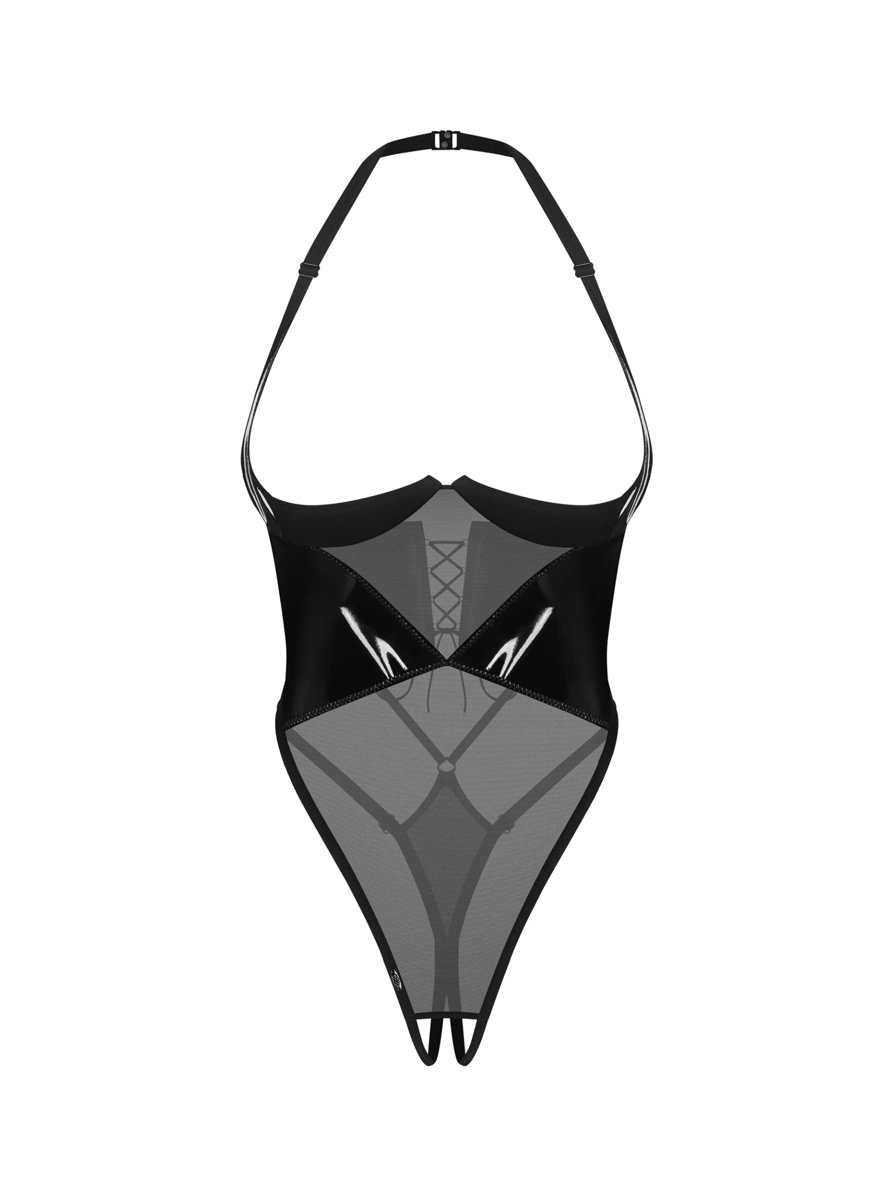 Obsessive Rolleya crotchless teddy featuring vertical boning, open padded cups, and glossy latex-look panelling.