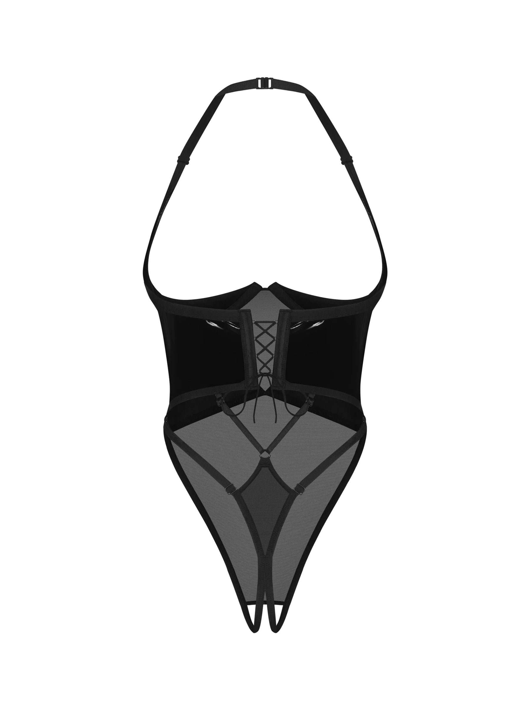 Obsessive Rolleya crotchless teddy featuring vertical boning, open padded cups, and glossy latex-look panelling.