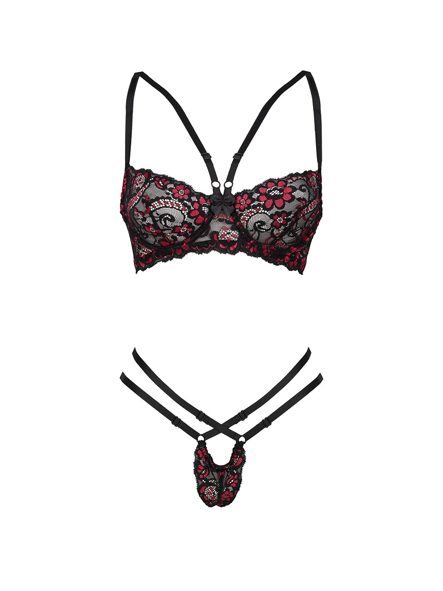 Rosalinda Black Lace Lingerie Set with Red Flowers