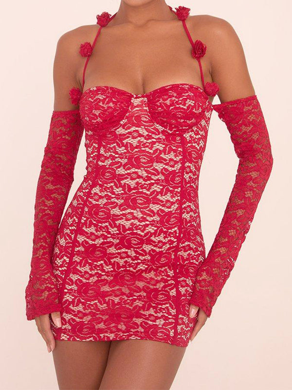 Rose Halterneck Long Sleeve Mini Bodycon Dress with Thongs
