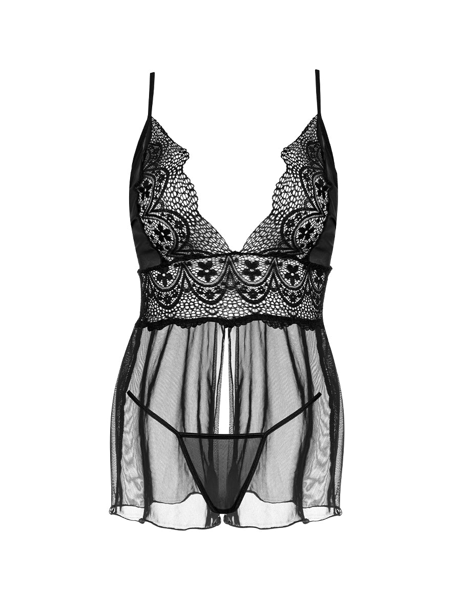 Cinematic flowing black sheer babydoll lingerie set by Beauty Night, featuring moody dark romance aesthetic
