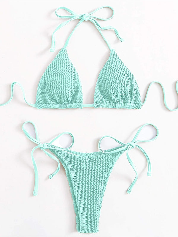 Solid Halter Triangle Tie Side Bikini Set