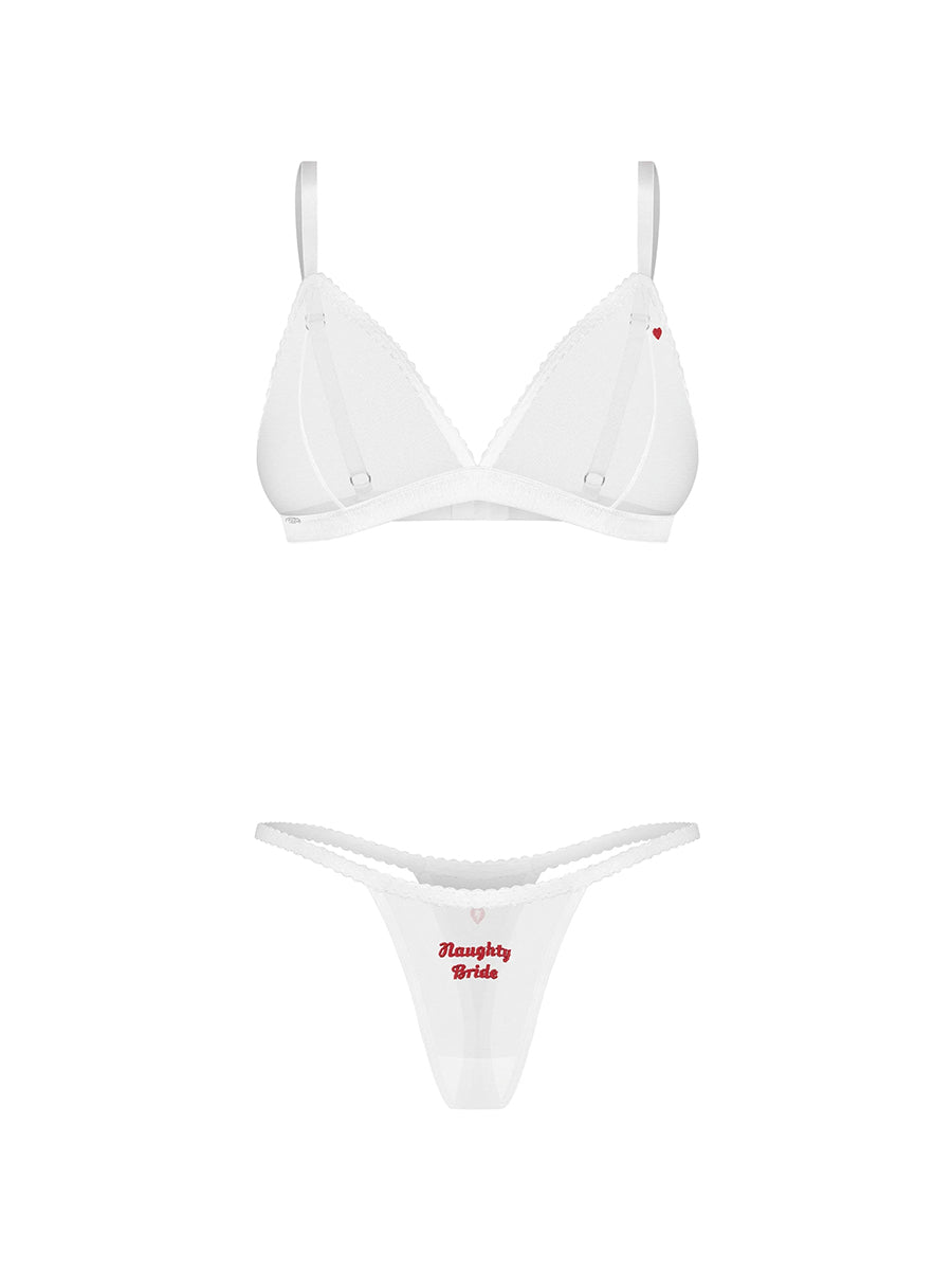 Obsessive Weddya bride lingerie 3-piece set including an underwire bra, classic thong, and crotchless thong.