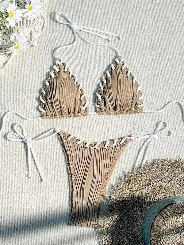 Bikini tissé froissé couleur café