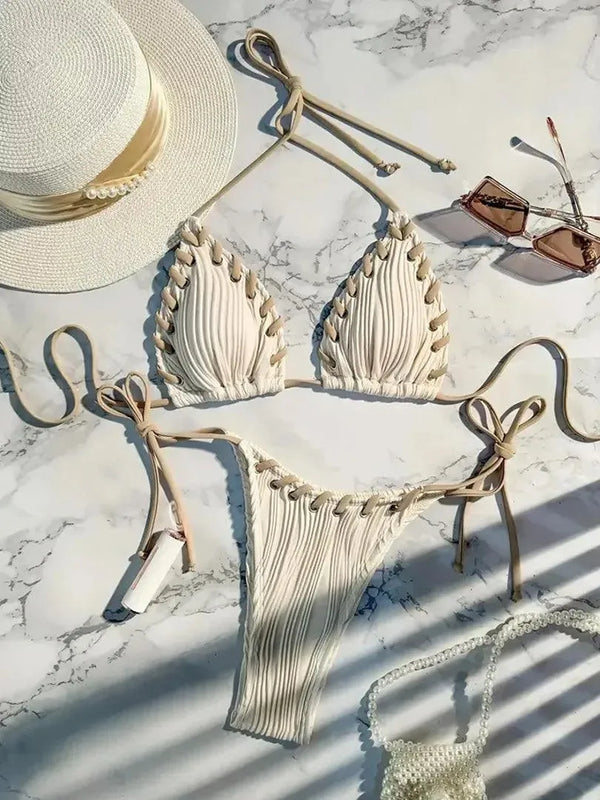 Bikini beige à tissage froissé