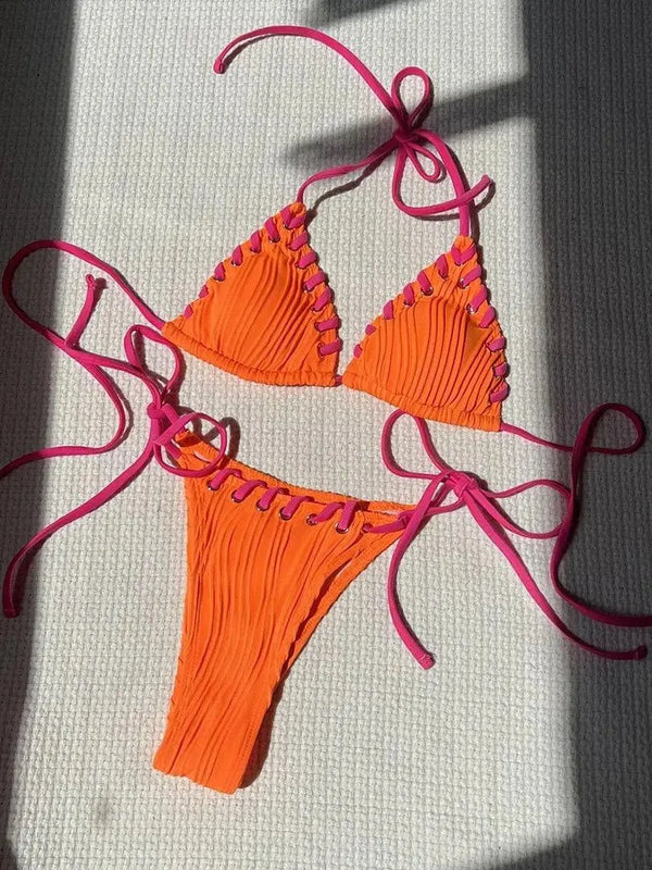 Bikini orange à tissage froissé