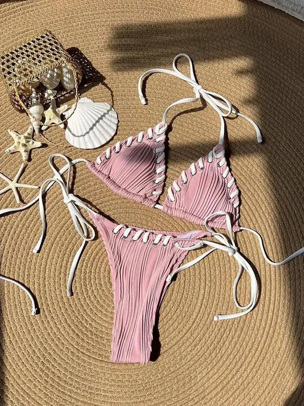Bikini tissé froissé rose