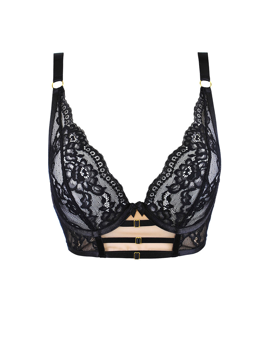 Axami sheer black and beige longline soft bra with architectural satin straps and side boning.