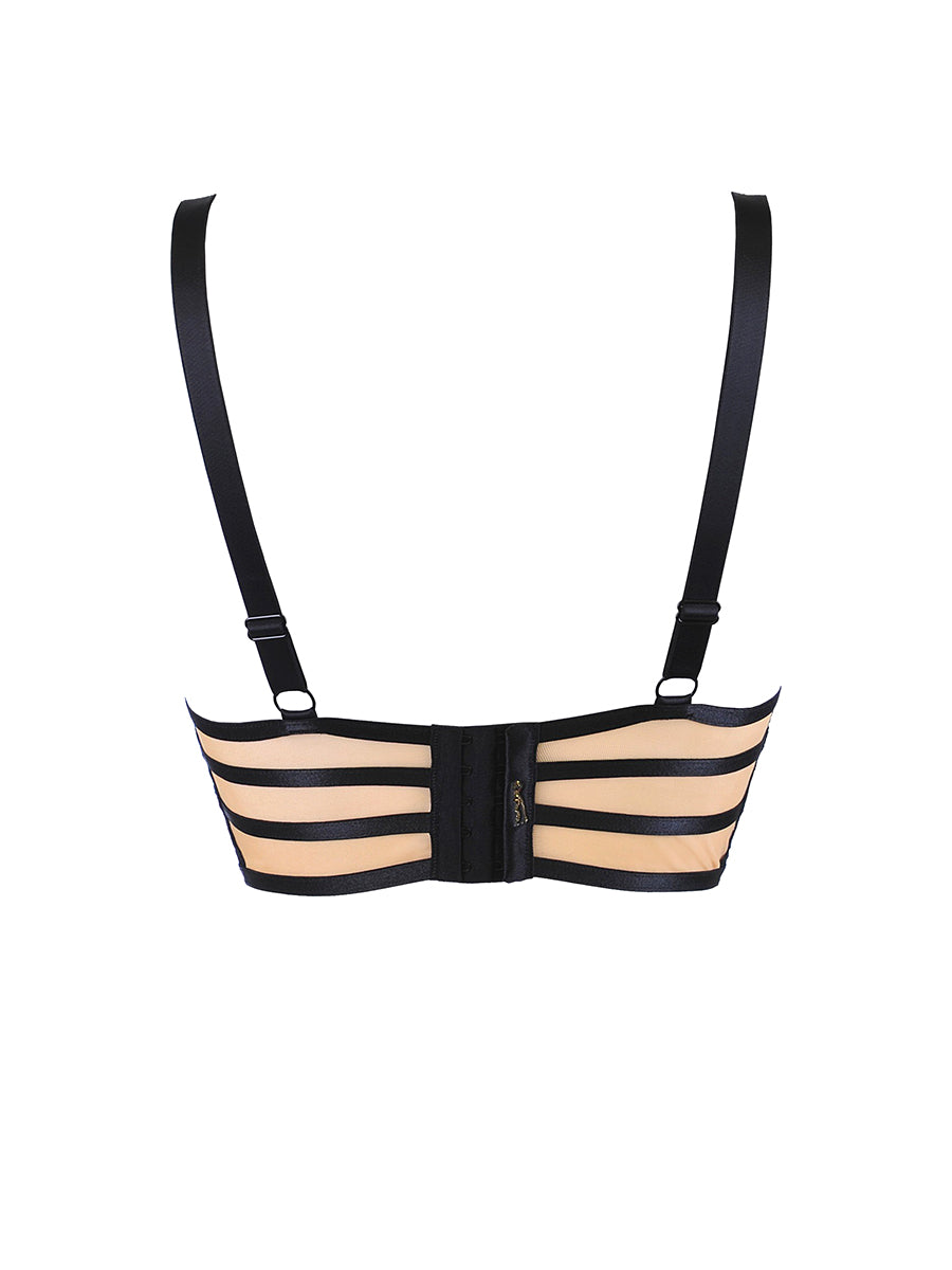 Axami sheer black and beige longline soft bra with architectural satin straps and side boning.