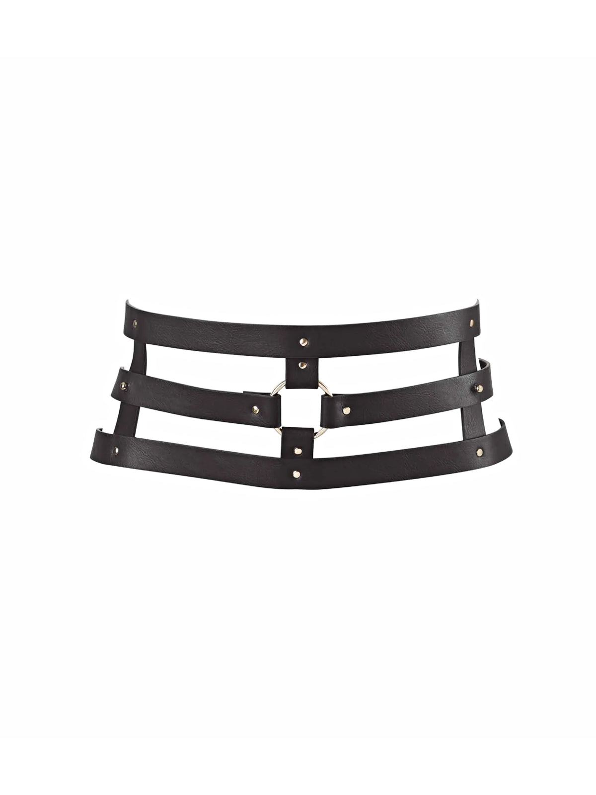 Model wearing Bijoux Indiscrets MAZE Wide Belt and Restraints, featuring adjustable black waist straps and refined hardware.