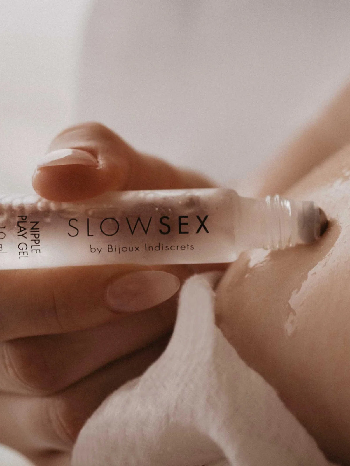 Bijoux Indiscrets cooling nipple play gel featuring a metallic roll-on applicator and the patented Frescolat molecule.