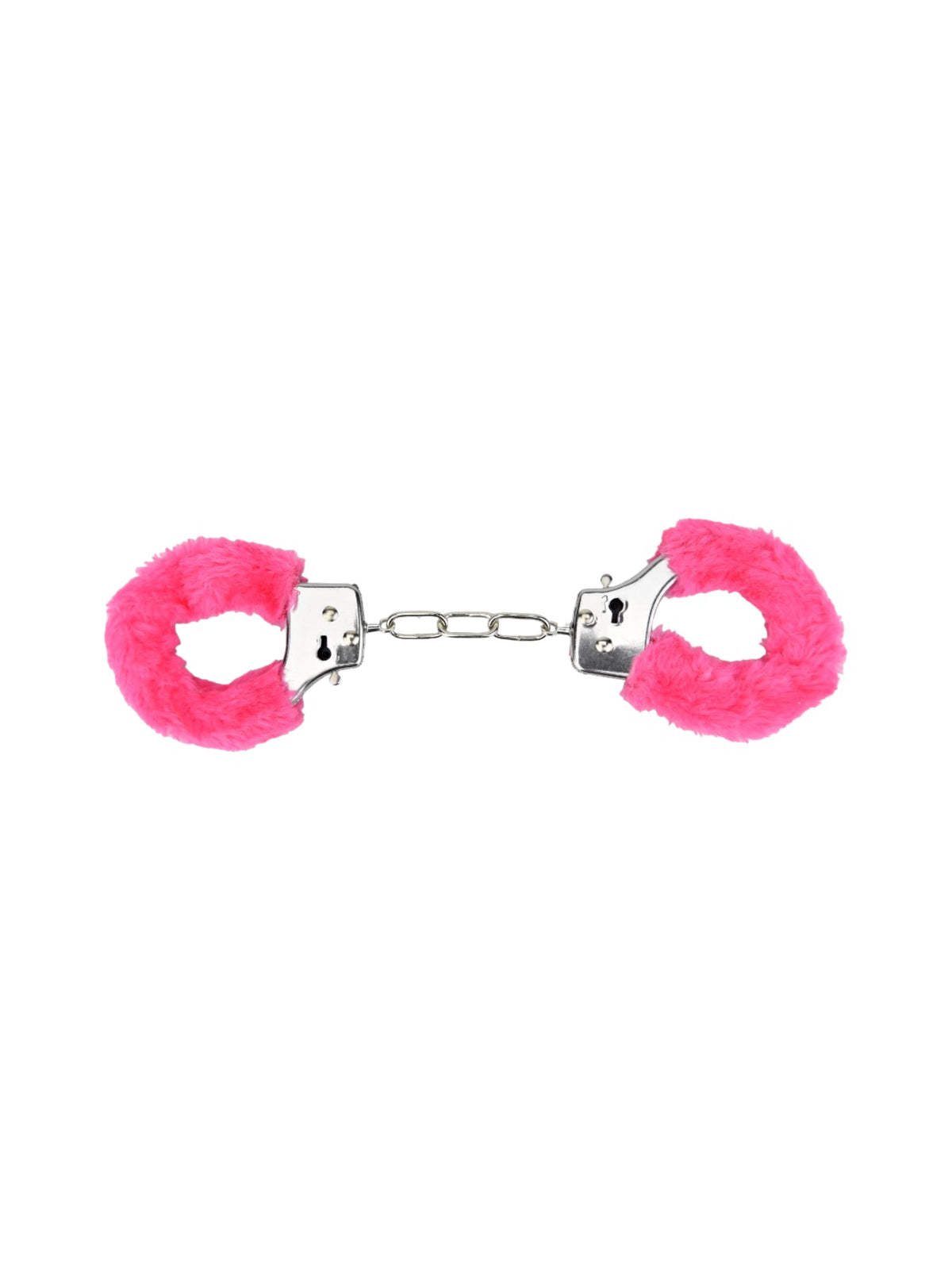 Bound to Play pink faux-fur restraint cuffs featuring adjustable metal hardware and a quick-release system.