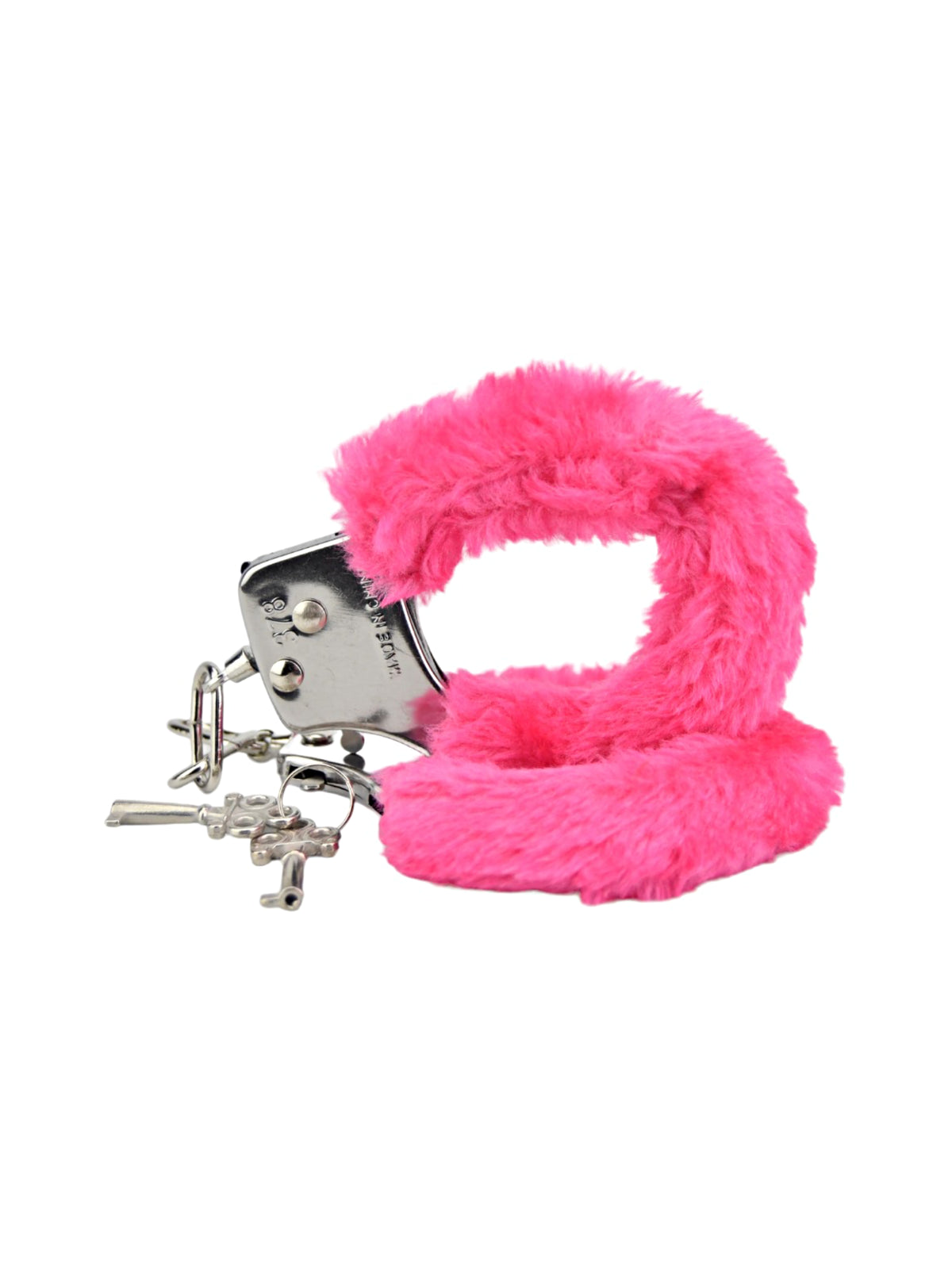 Bound to Play pink faux-fur restraint cuffs featuring adjustable metal hardware and a quick-release system.