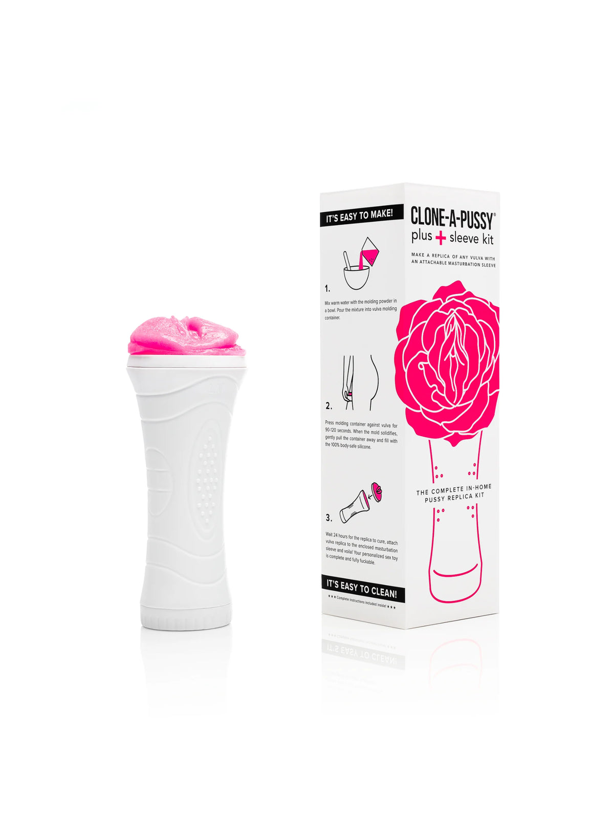 The comprehensive Clone-A-Pussy Plus+ Sleeve Kit in Hot Pink, featuring body-safe silicone, an attachable pleasure sleeve, and a sleek carrying case.