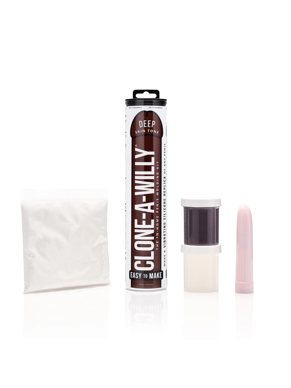 A detailed look at the Clone-A-Willy Deep Skin Tone DIY casting kit, showcasing premium medical-grade silicone alongside a single-speed vibrator for a bespoke finish.